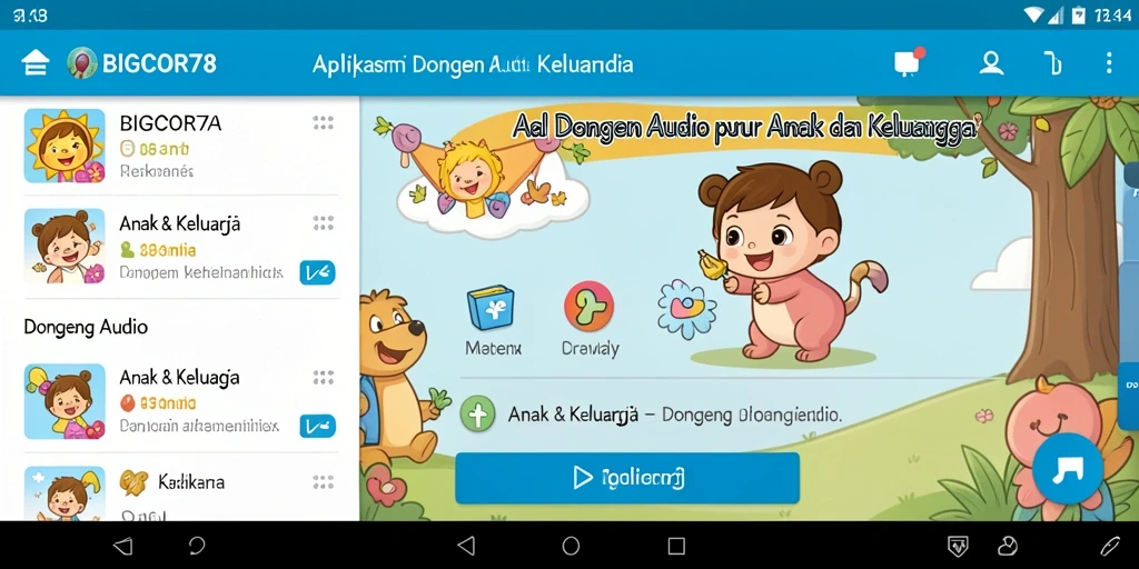 Tampilan antarmuka aplikasi BIGCOR78 dengan pilihan dongeng audio yang menarik.