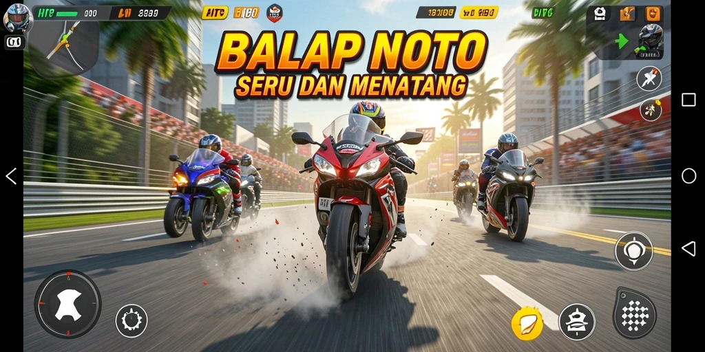 Tampilan antarmuka balap motor yang menakjubkan dan realistis.