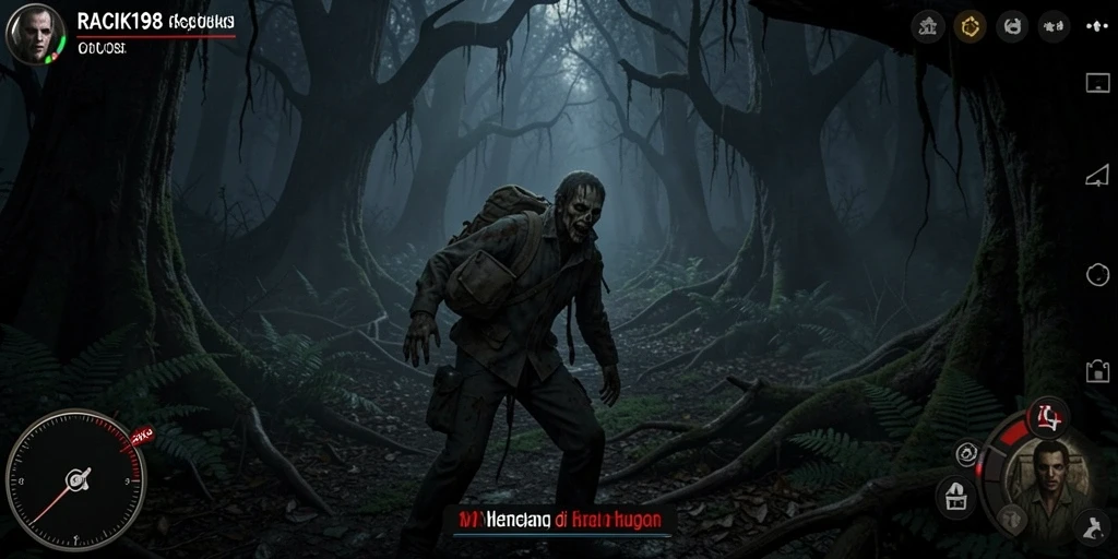Tampilan menyeramkan dari gameplay RACIK198 di hutan angker.